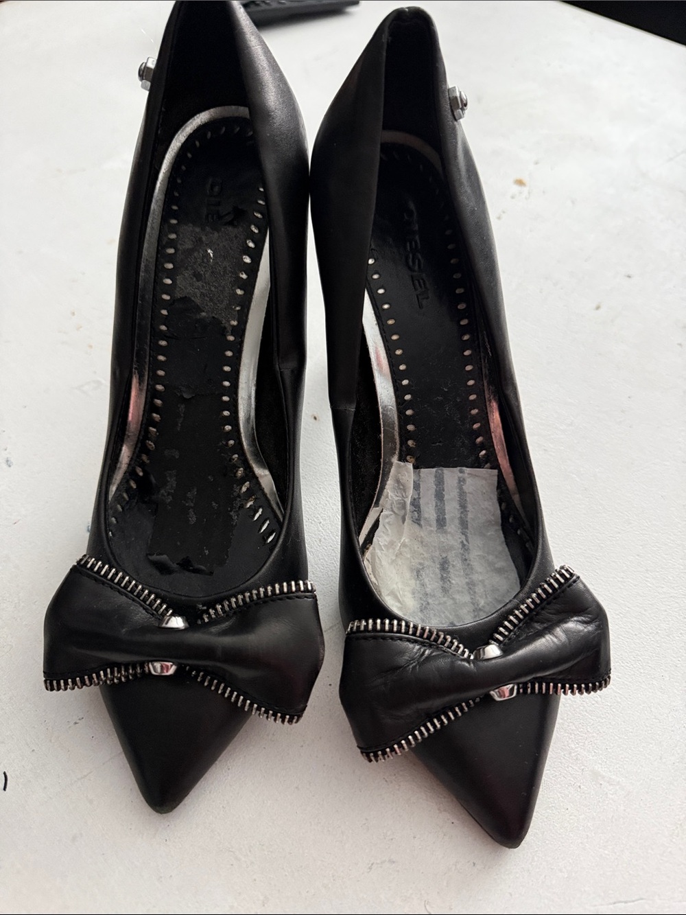 Diesel Black Pointed Toe Heels with Zip-Trim Bow